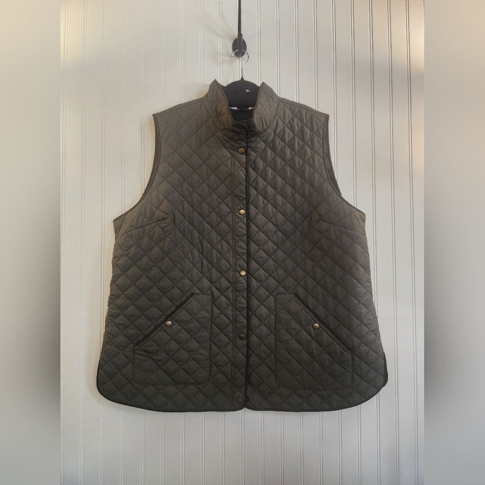 NEW Lands End Women's Olive Green Quilted Vest Jacket Size 2XL Brass SnapButton